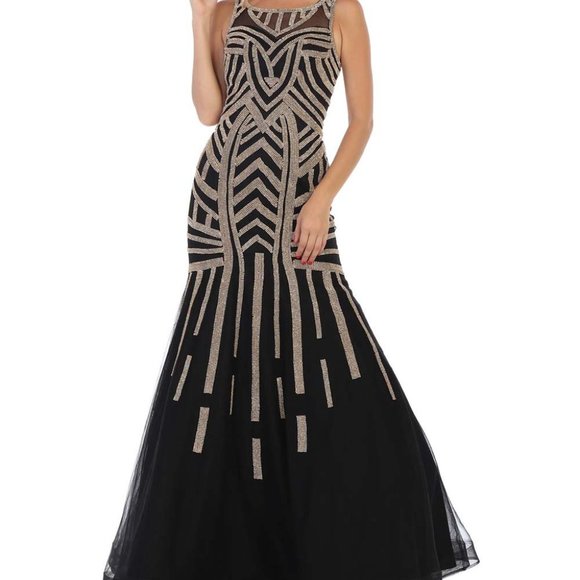 Black & Gold Geometric Rhinestone A-Line Gown - Picture 1 of 8